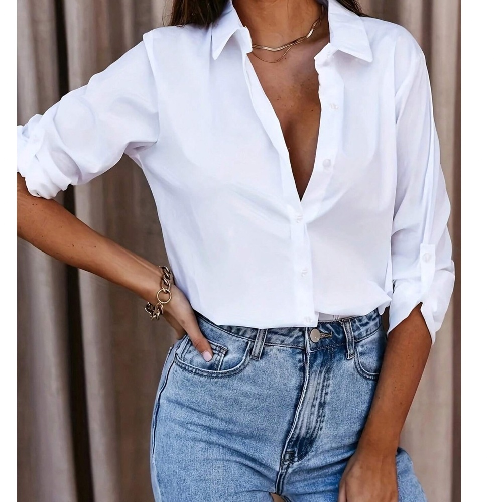 Classic button Down poplin Boyfriend Rolled Sleeve shirt - Picture 7 of 12